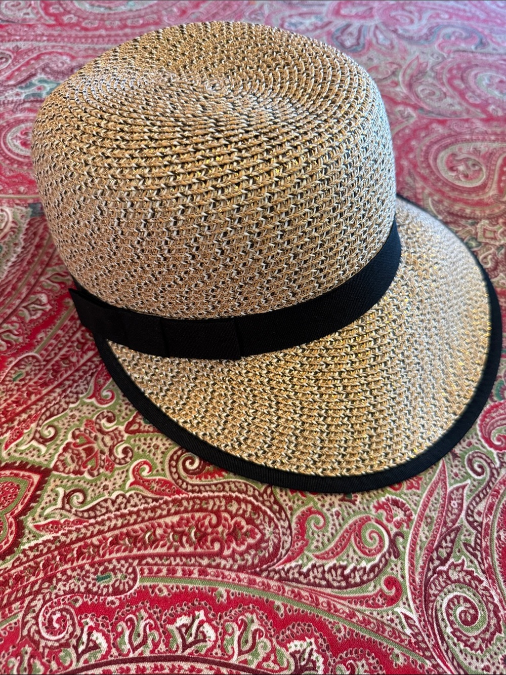 Vince Camuto Natural Paper Metallic Straw Cloche Hat with Black Trim